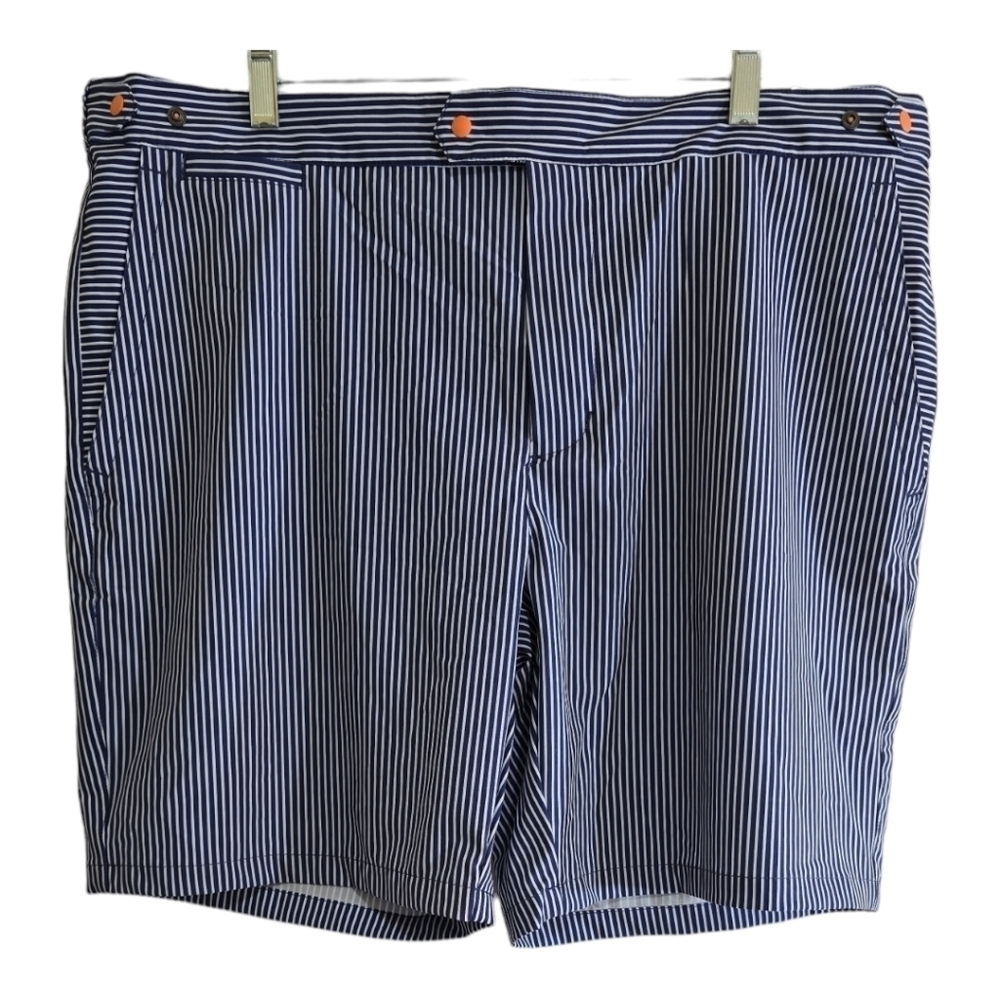 B. Draddy Striped Blue White Shorts XL Lined Pockets Snaps Logo on Leg
